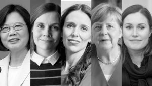 Women Leaders - head shot of (left to right)Tsai Ing-wen, Sanna Marin, Jacinda Ardern, Angela Merkel, Katrín Jakobsdóttir