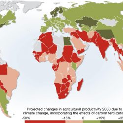 colored image of world map showing estimated changes in agriculture by 2080