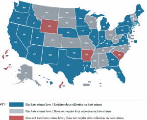 map of US territories and each state's hate crime tracking laws.