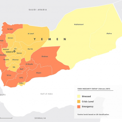 UN map of Yemin showing regions of food insecurity at Crisis, Stressed and Emergency levels