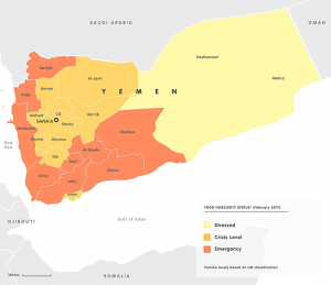 UN map of Yemin showing regions of food insecurity at Crisis, Stressed and Emergency levels