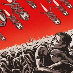 poster art of bombs falling on farm workers as sign of crimes against humanity.