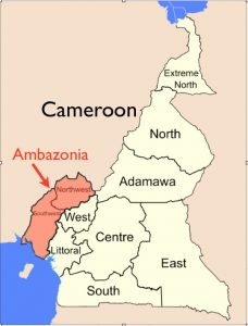 Map showing regions of Cameroon highlighing Ambazonia.