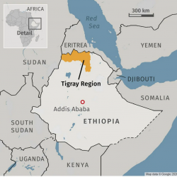 map of Ethiopia and Tigray with border countries, 2020 map from google
